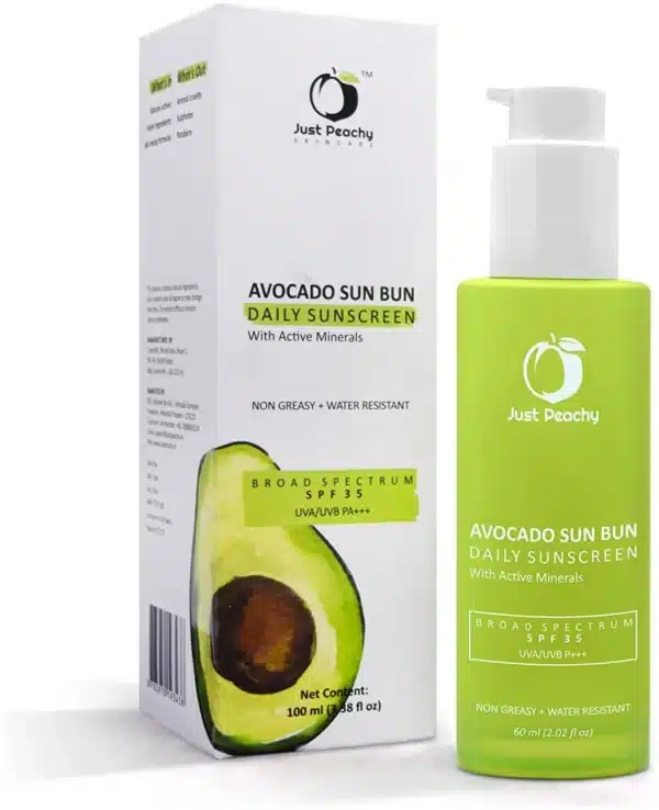 Just Peachy Avocado Sun Bun SPF 35+ PA+++ Matte Sunscreen | UVA and UVB Protection I Non Greasy | Water Resistant | Sun Shield with Avocado, Vitamin E, Zinc and Titanium Oxide 100 mL